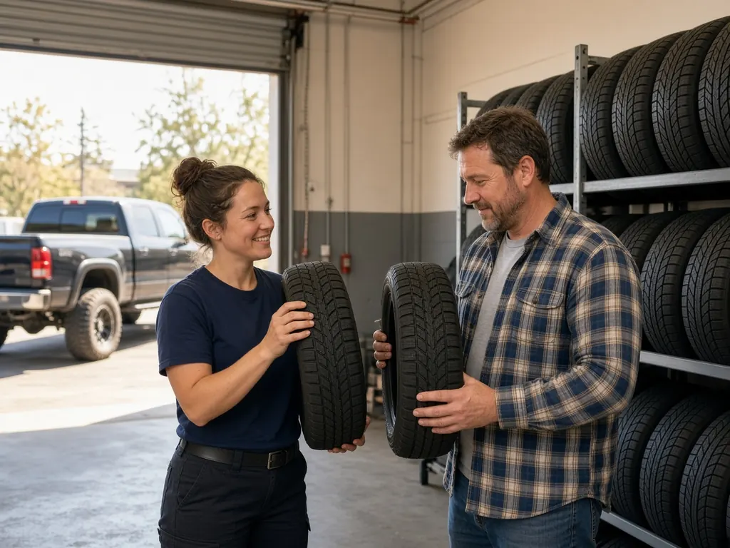 A smiling tire shop technician and a customer in a flannel shirt hold up two tires side by side in front of a full tire rack (AI-generated image)